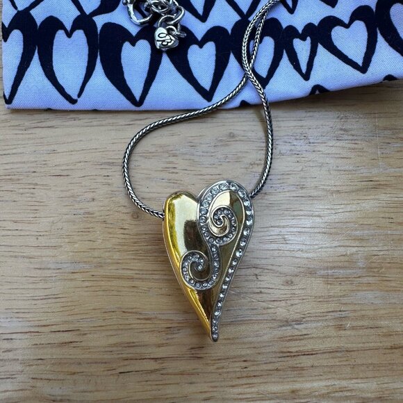 Brighton Pendant Necklace 16" Swarovski Crystal Silver Gold Tone Puffy Heart - Picture 3 of 11